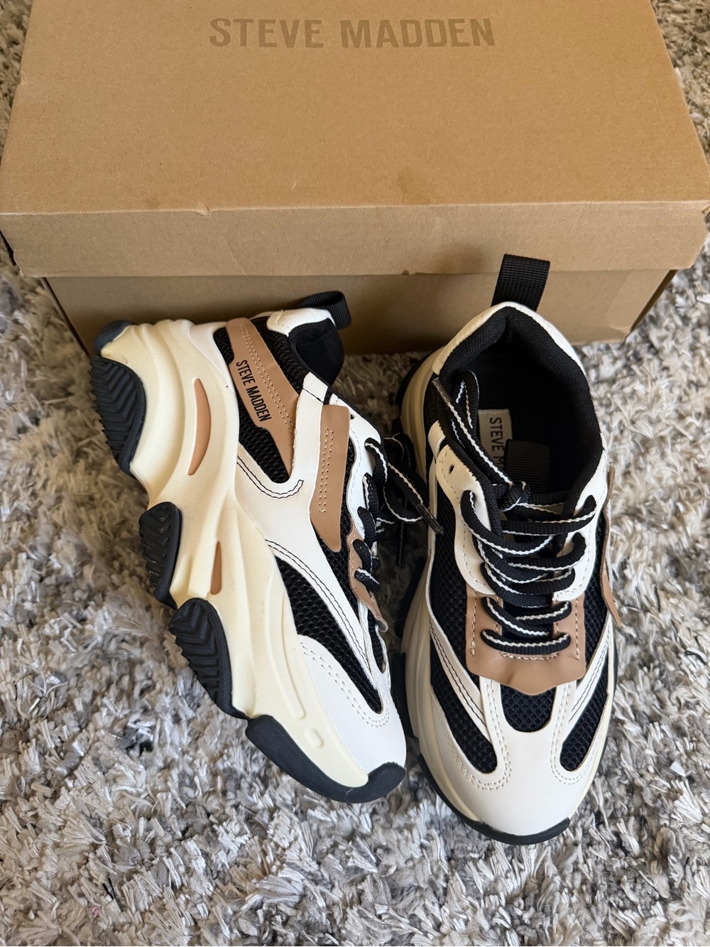 Steve Madden Women's Chunky Sneakers in White, Black & Tan